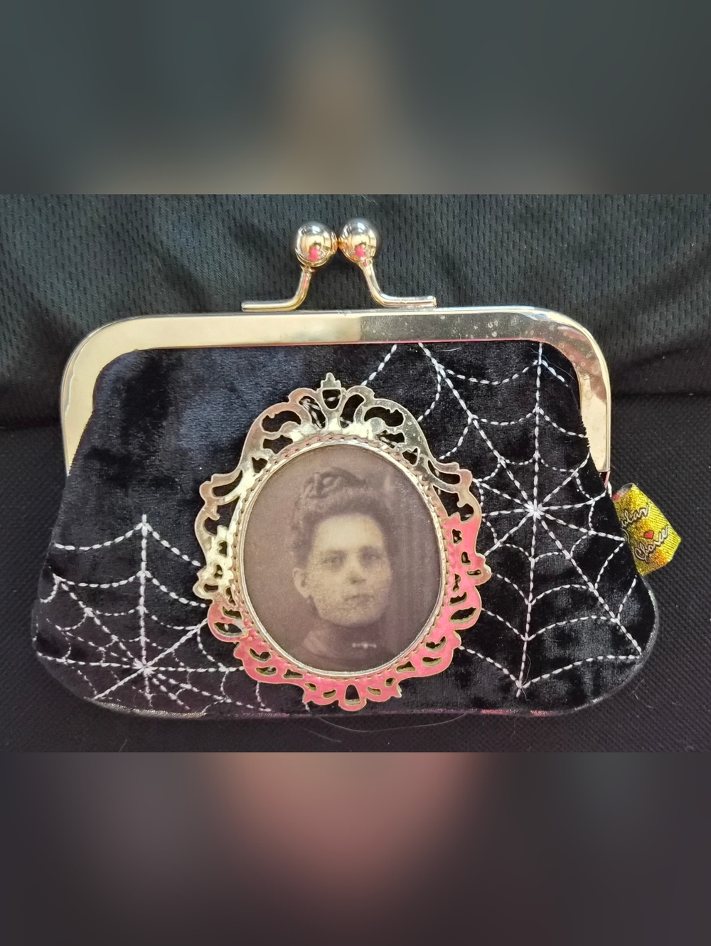 Irregular Choice Black Velvet Spiderweb Coin Purse with Gold Cameo Frame